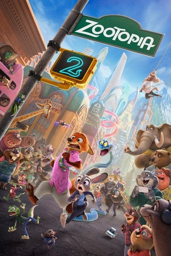 This vibrant poster showcases a lively street scene filled with animated characters in a colorful, fantastical city. The mood is energetic and adventurous, with a mix of warm and cool tones. The "Zootopia 2" sign adds a playful touch, suggesting a sequel with new characters and adventures.