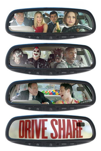 The poster features four characters from the TV show "Drive Share" in a car interior, with vibrant red and black colors creating a dramatic mood. The characters appear engaged in conversation, suggesting a lively and humorous atmosphere.