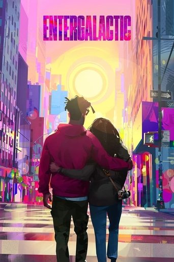 The poster features two characters embracing in a vibrant, neon-lit cityscape at sunset. The warm hues of orange and pink blend with cool blues, creating a dreamlike atmosphere. The title "Entergalactic" glows in bold pink letters against the backdrop, evoking a sense of wonder and adventure.