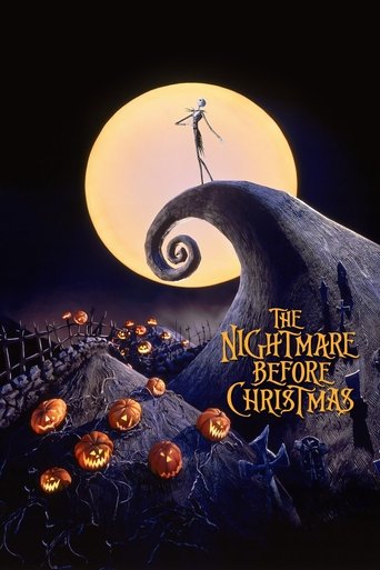 A lone figure stands atop a giant, swirling moon, surrounded by glowing jack-o'-lanterns and a dark, spooky landscape. The poster captures a whimsical yet eerie Christmas wonderland atmosphere.