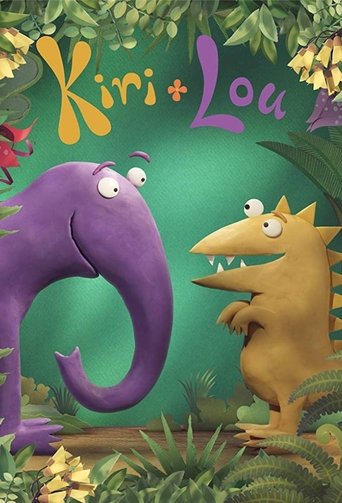 The poster features a whimsical scene with a purple, elongated creature and a yellow, spiky dinosaur standing side by side against a vibrant green jungle backdrop. The playful characters exude a cheerful, adventurous mood, with bright colors like purple, yellow, and green creating an inviting and...