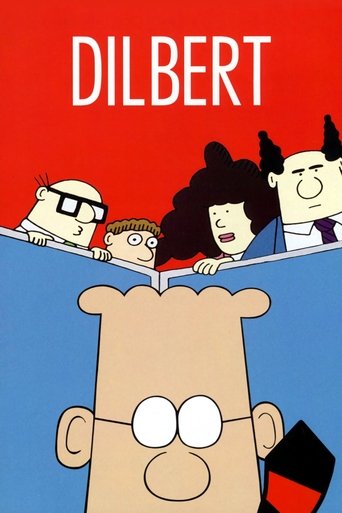 The poster features Dilbert, a bald man with glasses, peeking over a red and blue divider. Above him, four other characters—two men, a woman, and a boy with glasses—peek from behind the divider. The red background and bright colors create a humorous, slightly chaotic mood.