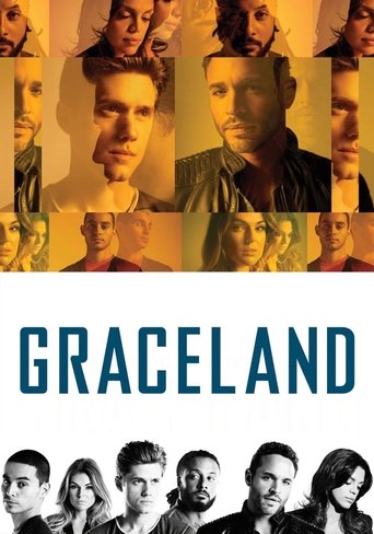 The poster features a collage of diverse faces, suggesting a complex narrative. The warm, golden tones evoke nostalgia and warmth, while the bold blue text "GRACELAND" stands out against the image. The mood is mysterious yet inviting, hinting at an intriguing story about family and identity.