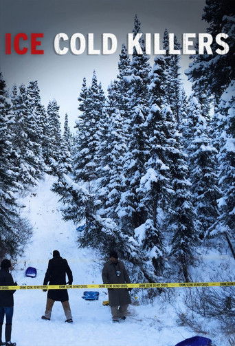The poster features two figures in dark clothing standing amidst a snowy forest, evoking a chilling atmosphere. The yellow caution tape and blue caution tape add to the eerie, cold mood. The title "ICE COLD KILLERS" in bold red letters dominates the top, emphasizing the horror genre.