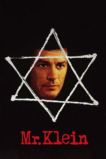 The poster features a man's face framed within a white, chalk-like Star of David against a stark black background. Below, the title "Mr. Klein" appears in bold red letters. The mood is mysterious and intriguing, suggesting a thriller or mystery.