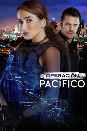 The poster features a woman in a dark, mysterious outfit against a cityscape backdrop, while a man stands beside her. The dark blue tones and glowing city lights create an eerie, suspenseful mood. The title "OPERACIÓN PACÍFICO" is prominently displayed in bold, metallic letters.