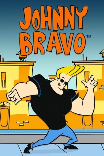 The poster features Johnny Bravo, a muscular blonde man in a black t-shirt and blue pants, striking a confident pose with his arms outstretched. The background showcases a vibrant yellow building with a blue sky, capturing the energetic and comedic tone of the show. The bold orange title text add...