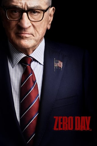 The poster features a stern, serious man in a dark suit with a red-striped tie, exuding authority and mystery. The bold red text "ZERO DAY" dominates the bottom right, suggesting a high-stakes thriller. The dark background enhances the dramatic and suspenseful mood, hinting at a complex narrative...