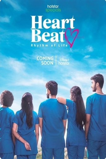 The poster features five people in matching blue scrubs, their backs turned to the viewer against a vibrant blue sky. The title "Heart Beat" is prominently displayed in white and pink, with a red heart symbol. The mood is hopeful and energetic, suggesting a story about community and connection.