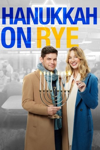 The poster features two characters in warm, festive attire against a softly blurred background, evoking a cozy holiday atmosphere. The title "HANUKKAH ON RYE" is prominently displayed in bold, colorful letters, with the man holding a glowing menorah and the woman smiling warmly beside him.