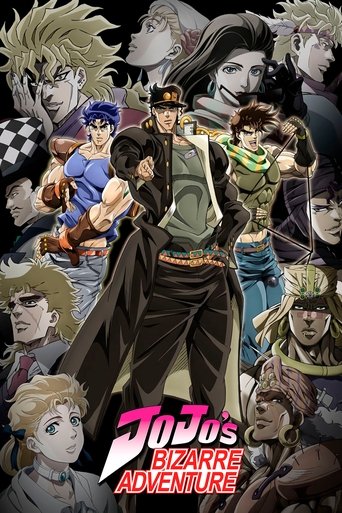 This vibrant anime poster showcases a dynamic collage of JoJo's Bizarre Adventure characters, each with unique expressions and attire. The scene is filled with rich colors and energetic action, capturing the chaotic yet heroic spirit of the series.