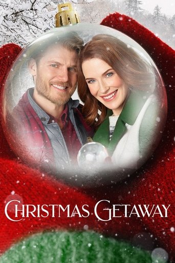 A romantic couple stands joyfully inside a snow globe, surrounded by festive red and green holiday colors. The warm smile and cheerful expressions convey a sense of happiness and love, perfectly capturing the spirit of the Christmas Getaway movie.