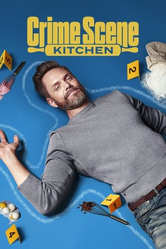 The poster features a man lying on his back against a blue background, surrounded by crime scene clues like evidence markers and tools. The yellow title text stands out against the cool blue tones, creating a stark contrast that hints at the show's blend of reality and mystery.