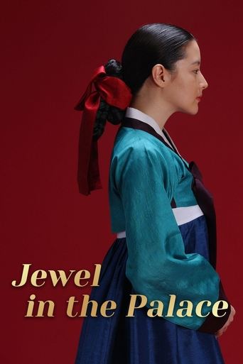 The poster features a woman in traditional Korean attire against a deep red background, exuding elegance and mystery. The title "Jewel in the Palace" is prominently displayed in gold lettering, suggesting themes of royal intrigue and historical drama.