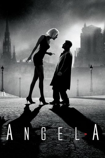 The poster features a dramatic black-and-white scene with two figures in silhouette against a moonlit, misty cityscape. One woman in a revealing dress leans forward, while a man in a coat stands beside her, creating an intimate yet mysterious atmosphere. The title "ANGELA" is prominently displaye...