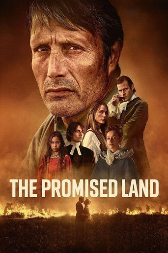 The poster features a somber, intense image of actor Mads Mikkelsen with a weathered face, surrounded by a group of diverse characters in warm, earthy tones. The fiery background and dramatic lighting evoke a sense of epic adventure and emotional depth, capturing the film's themes of survival and...