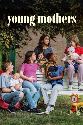 The poster features a joyful family of five sitting on a white bench under a tree, with warm sunlight casting soft shadows. The vibrant colors of their clothing and the lively expressions of the children convey a sense of happiness and connection. The title "Young Mothers" is prominently displaye...