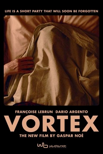 The poster features a dramatic, sepia-toned image of a hand reaching toward a draped figure, evoking mystery and suspense. The muted brown and gold tones create an atmospheric, cinematic mood. The bold title "VORTEX" dominates the center, while credits for Francoise Lebrun and Dario Argento sit b...