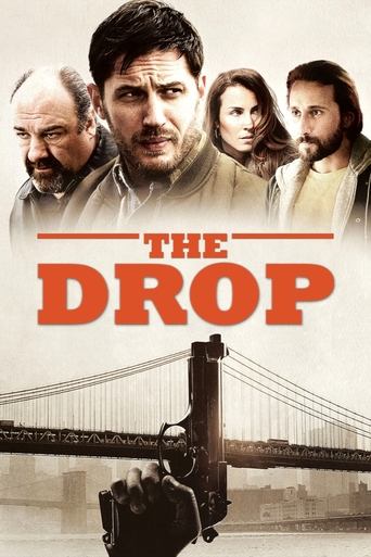 The poster features four characters against a muted, sepia-toned background, evoking a somber atmosphere. The title "THE DROP" is prominently displayed in bold red letters, with a silhouette of a bridge below, suggesting themes of displacement or tragedy.