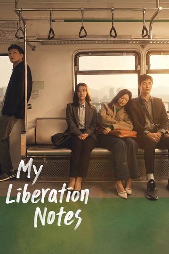 The poster features four characters in a dimly lit subway car, with warm lighting casting soft shadows. The muted tones of the scene—greens, browns, and grays—create a somber yet hopeful atmosphere. The title "My Liberation Notes" is prominently displayed in white text, suggesting a reflective or...