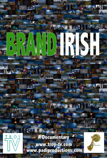 The poster features a collage of diverse people in various settings, creating a vibrant and dynamic visual. The bold green and white text "BRAND IRISH" stands out against the busy background. The mood is energetic and engaging, suggesting a lively and multifaceted brand story.