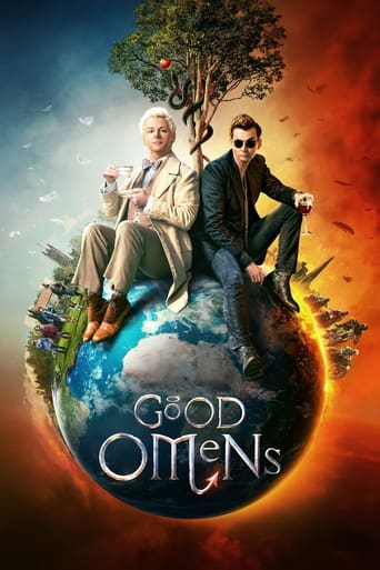 The poster features two characters, one elderly and one younger, perched atop a glowing blue planet. The warm orange glow contrasts with the cool blue tones, creating a mystical atmosphere. The title "Good Omens" is elegantly displayed in the foreground, suggesting themes of destiny and divine in...