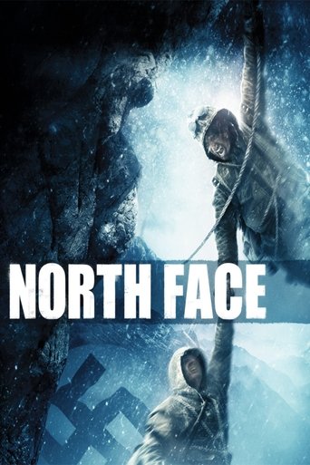 The poster features a dramatic scene with two figures in snowy, rugged environments, evoking a sense of isolation and adventure. The cool blue tones and icy atmosphere create a mysterious and intense mood, while the bold white text "NORTH FACE" anchors the image with a clear and impactful message.