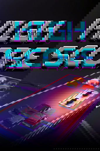 The poster features a futuristic, glowing game controller with neon purple and blue hues against a dark background. The bold, blocky text "HIGH SCORE" in electric blue dominates the top, suggesting a high-stakes gaming experience. The overall mood is mysterious and exciting, evoking the thrill of...