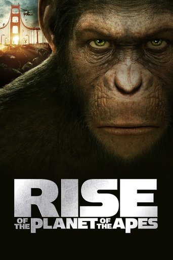 The poster features a close-up of a chimpanzee's intense gaze against a blurred backdrop of the Golden Gate Bridge. The dark, moody lighting and gritty textures evoke a sense of danger and primal power. The bold, metallic text of the title "Rise of the Planet of the Apes" dominates the lower port...