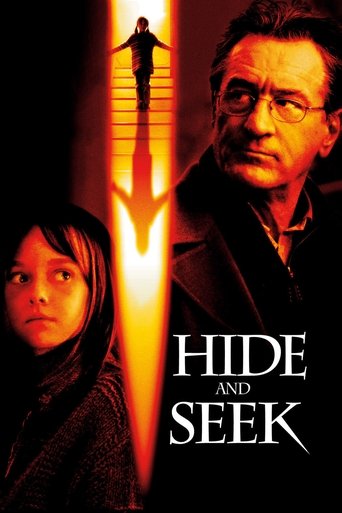 The poster features a young girl with a concerned expression, a man with glasses, and a silhouette of a child running up stairs in the background. The warm yellow glow from the stairs creates a mysterious atmosphere, while the dark tones of the characters and surroundings enhance the suspenseful ...