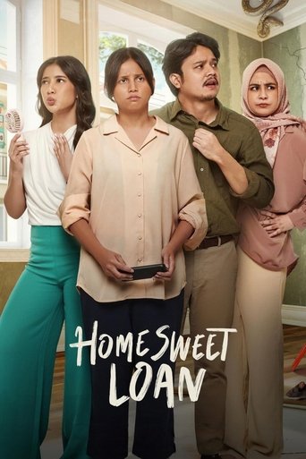 The poster features four characters in a warm, inviting setting with soft lighting. The central figure, holding a phone, stands out against the colorful backdrop of teal, pink, and beige tones. The mood is lighthearted and family-oriented, suggesting a comedic or romantic story.