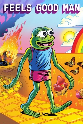 The poster features a cheerful green frog wearing a blue tank top and pink shorts, standing confidently on a golden tiled floor. The background showcases vibrant colors like fiery oranges and pinks, alongside a bright rainbow and a smiling sun. The playful composition and lively atmosphere convey...