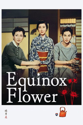 The poster features three women in traditional Japanese attire, exuding a serene and nostalgic mood. The warm tones of the clothing and the soft lighting evoke a sense of timeless beauty. The title "Equinox Flower" is prominently displayed in elegant typography, accompanied by delicate red flower...