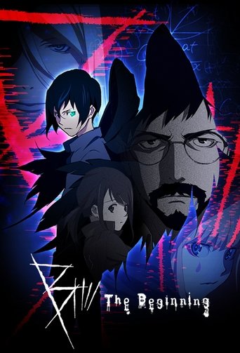 This poster features a dramatic anime-style scene with a young boy and a man in glasses, set against a dark, moody background. The colors are intense, with vibrant reds and purples creating a sense of urgency and mystery. The title "B: The Beginning" is prominently displayed, suggesting a story o...