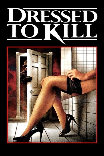 The poster features a woman in black stockings and heels, leaning against a tiled wall with one leg crossed over the other. The background includes a doorway leading to a room with a red curtain and a dark figure in a doorway. The title "Dressed to Kill" is prominently displayed in bold, white le...