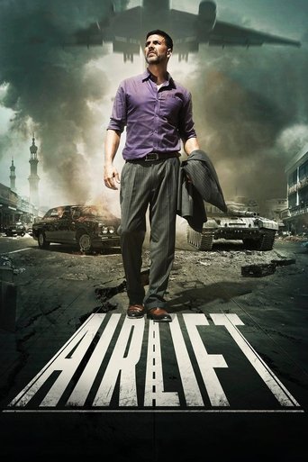 The poster features a man in a purple shirt and gray pants standing confidently atop a large, metallic letter "A" that reads "AIRLIFT." Above him, a military jet flies overhead, casting a dramatic silhouette against a stormy sky. The background reveals crumbling buildings and debris, suggesting a...