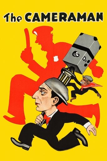 The poster features a man in a suit running with a large camera mounted on his head, set against a vibrant yellow background. Red silhouettes of people are visible behind him, adding depth and movement. The dynamic composition and bold colors convey a sense of urgency and action, capturing the es...