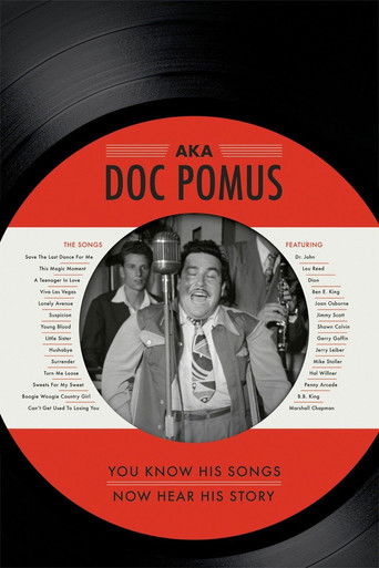 The poster features a black-and-white photo of Doc Pomus and his band, set against a vibrant red background. The text highlights the album's title and release date, evoking a nostalgic, retro feel with its bold typography and classic design.