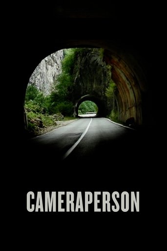 The poster features a mysterious tunnel entrance with a solitary figure peeking out, surrounded by lush greenery and rocky cliffs. The dark background contrasts with the bright natural light, creating an eerie yet inviting atmosphere. The title "Cameraperson" is prominently displayed at the botto...