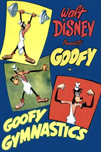 This vibrant poster features Goofy in three dynamic poses: lifting weights, stretching, and flexing. The bold yellow and red colors create an energetic, playful atmosphere. The cartoon style captures the fun and excitement of Goofy's gymnastics routine.
