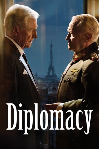 The poster features two distinguished men in formal attire, one in a dark suit and the other in a military uniform, gazing intently at each other. The muted tones of the image, with soft blues and warm browns, evoke a sense of seriousness and historical weight. The Eiffel Tower in the background ...