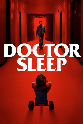 The poster features a child in a wheelchair with hands on knees, gazing up a red-lit hallway where a man stands at the end. The bold white text "DOCTOR SLEEP" dominates the frame, creating a mysterious and eerie atmosphere.