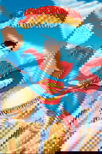 The vibrant Superman poster features a muscular hero in his iconic blue and red suit, soaring through a bright blue sky with a confident smile. The golden globe below adds a sense of wonder, while the cityscape in the background hints at an epic adventure. The dynamic composition and bold colors ...