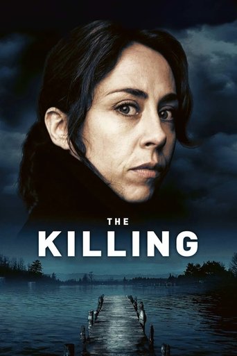 The poster features a woman with a somber expression against a dark, stormy sky, evoking a sense of mystery and tension. The title "The Killing" is prominently displayed in bold white letters, suggesting a gripping narrative about murder and justice. The muted colors and dramatic lighting enhance...