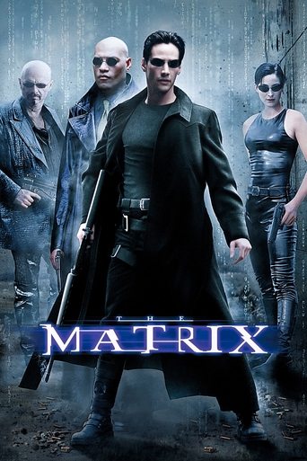 The poster features four characters in a moody, dystopian setting with muted tones and shadows. The central figure in a black trench coat commands attention, while others stand in the background, adding depth and intrigue. The title "MATRIX" glows in blue against the dark backdrop, evoking myster...