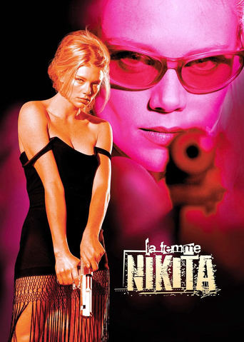 The poster features a woman in a black dress holding a gun against a backdrop of a man's face wearing red-tinted glasses. The scene is set in a dark, moody atmosphere with vibrant pink and purple hues, evoking a sense of mystery and intrigue. The title "La Femme Nikita" is prominently displayed i...