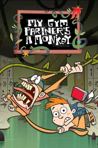 The poster features a cartoon monkey and a human character in a dynamic, playful scene. The monkey is depicted with exaggerated features, while the human appears surprised and engaged. The background includes colorful elements like a red ball and green vines, creating a lively and whimsical atmos...