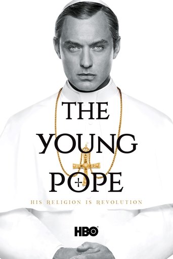 The poster features a solemn black-and-white portrait of a man in a white clerical robe, exuding authority and mystery. The title "The Young Pope" is prominently displayed in bold, elegant typography, with the HBO logo at the bottom. The muted color palette and serious expression convey a sense o...