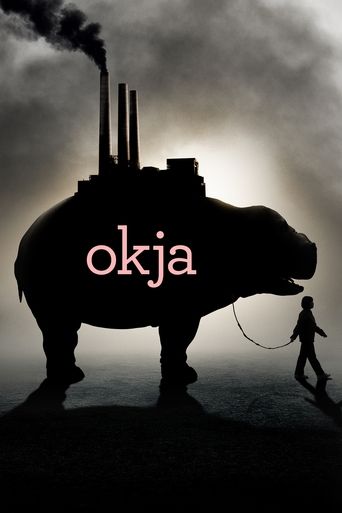 The poster features a silhouette of a pig with a factory chimney emitting smoke, set against a dramatic, cloudy sky. A lone figure walks beside the pig, holding a rope, suggesting a journey or escape. The title "okja" is prominently displayed in pink, adding a mysterious and eerie tone. The overa...