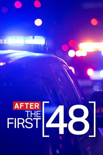 The poster features a blurred police car with flashing blue and red lights, evoking urgency and tension. The bold white text "AFTER THE FIRST 48" stands out against the dark background, suggesting a gripping narrative about a first encounter with something extraordinary. The bokeh lights create a...